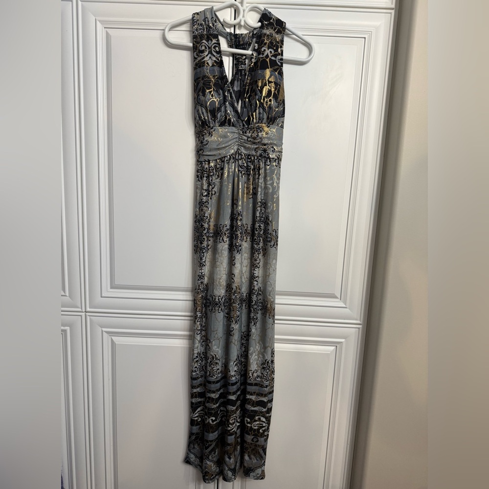 Majora Size Small Blue and Gold Halter Maxi Dress with Empire Waist Bra Cups